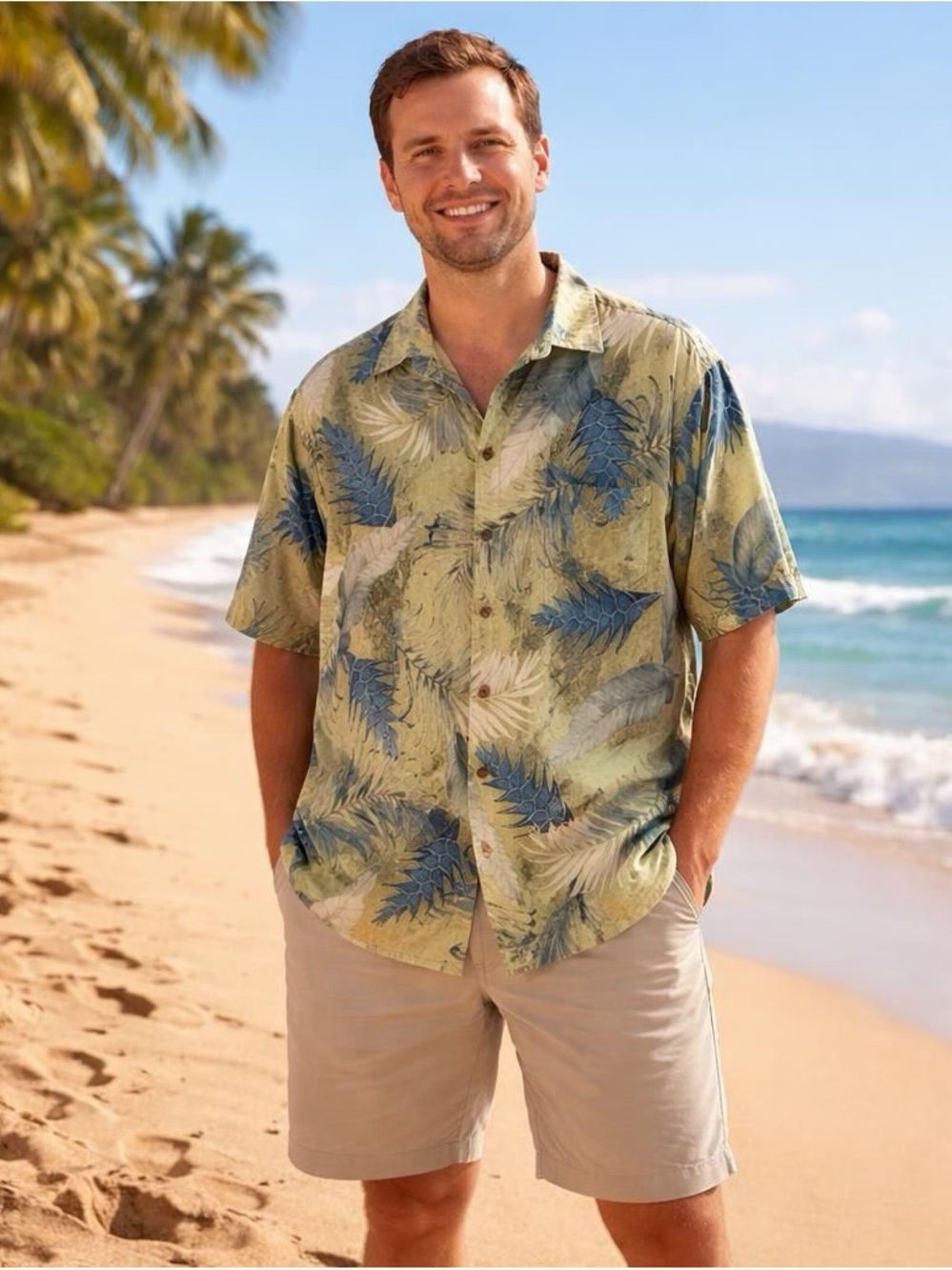 Tommy Bahama men's 100% silk Hawaiian shirt green and blue tropical leaf Size Sm